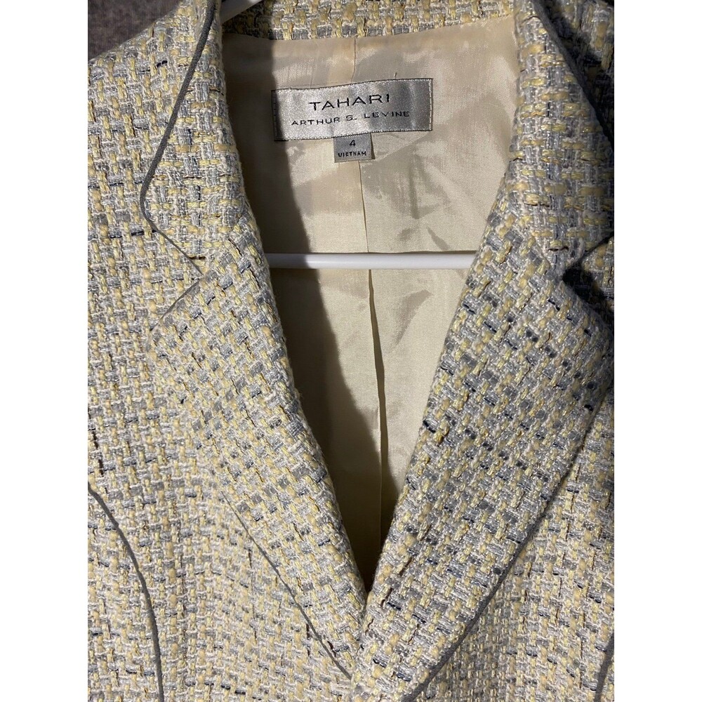 Tahari Arthur S Levine Tweed Blazer Jacket Size 4 Yellow Gray Plaid Piping - Picture 3 of 11